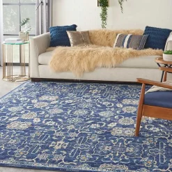 Navy and Beige Botanical Area Rug, 7x10