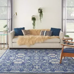 Navy and Beige Botanical Area Rug, 7x9