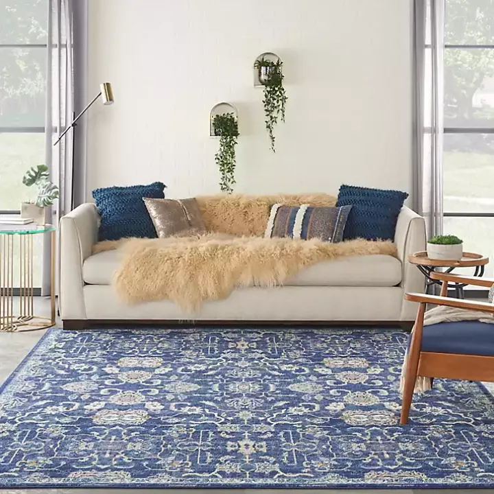 Navy and Beige Botanical Area Rug, 7x9