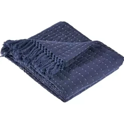 Navy and Cream Stitch Fringe Throw