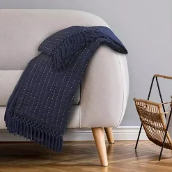 Navy and Cream Stitch Fringe Throw