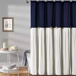 Navy and White Button Accent Linen Shower Curtain