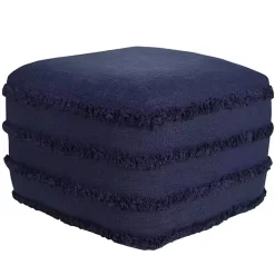 Navy Blue Tufted Stripe Cotton Square Pouf
