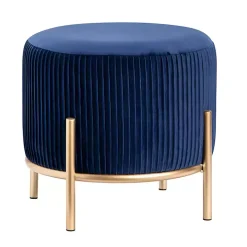 Navy Blue Velvet Upholstered Round Ottoman