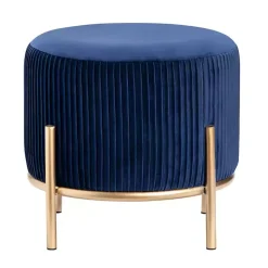 Navy Blue Velvet Upholstered Round Ottoman