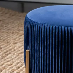 Navy Blue Velvet Upholstered Round Ottoman