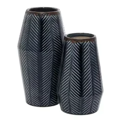 Navy Carved Chevron Ceramic Vases, Set of 2