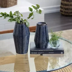 Navy Carved Chevron Ceramic Vases, Set of 2