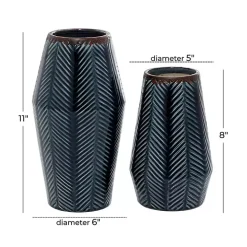 Navy Carved Chevron Ceramic Vases, Set of 2