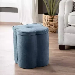 Navy Chenille Flower Storage Ottoman