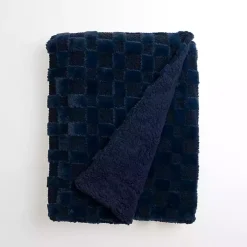 Navy Faux Fur and Boucle Checkerboard Throw