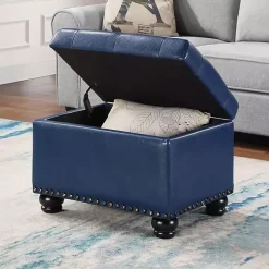 Navy Faux Leather Jessy Storage Ottoman