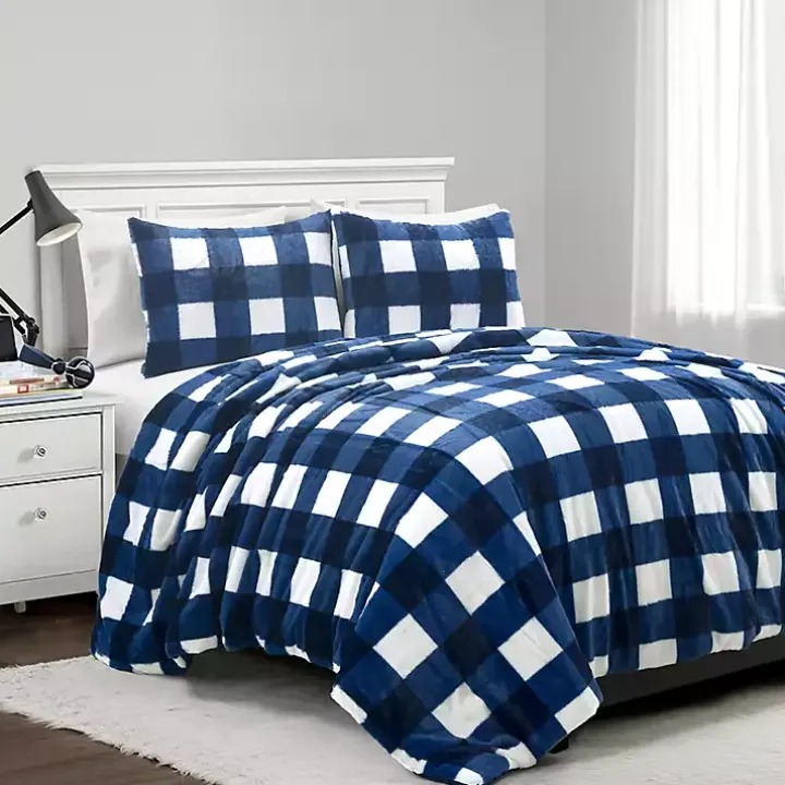 Navy Plaid Faux Fur 3-pc. King Comforter Set