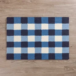 Navy Plaid Hooked Accent Rug