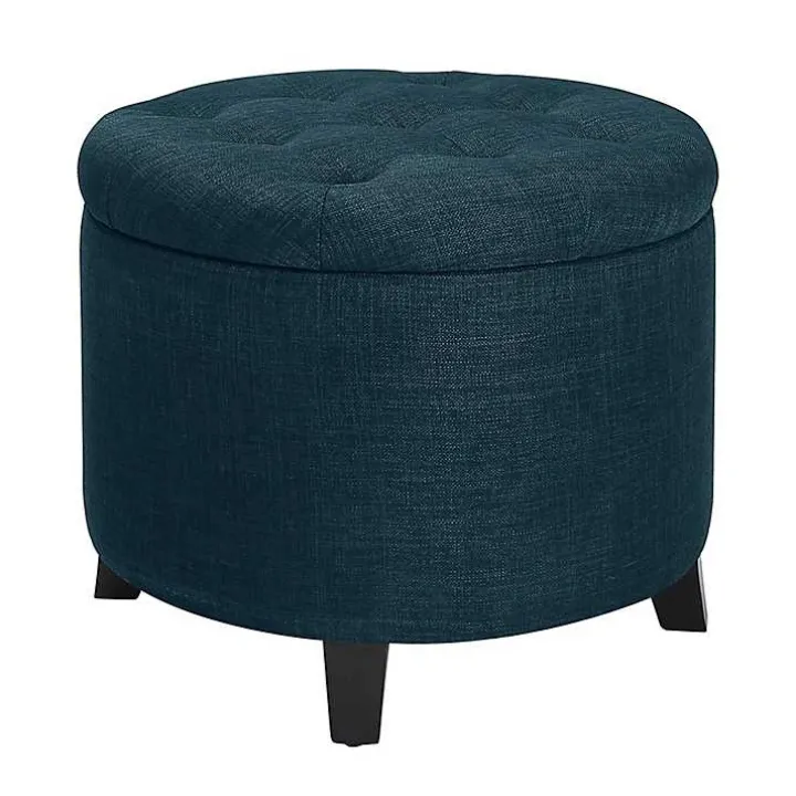 Navy Upholstered Eliza Round Storage Ottoman