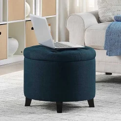 Navy Upholstered Eliza Round Storage Ottoman