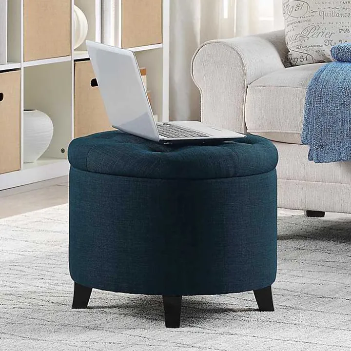 Navy Upholstered Eliza Round Storage Ottoman