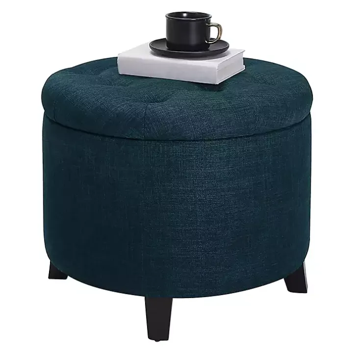 Navy Upholstered Eliza Round Storage Ottoman