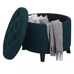 Navy Upholstered Eliza Round Storage Ottoman