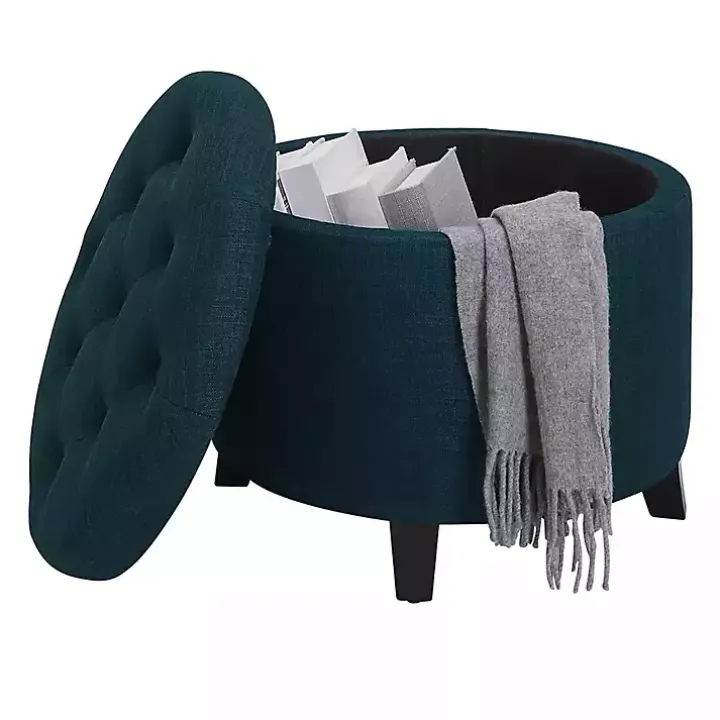 Navy Upholstered Eliza Round Storage Ottoman