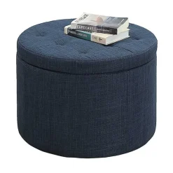 Navy Upholstered Round Shoe Storage Ottoman