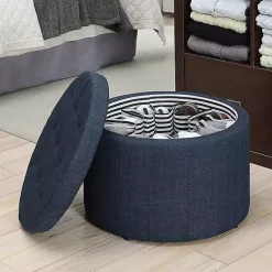 Navy Upholstered Round Shoe Storage Ottoman