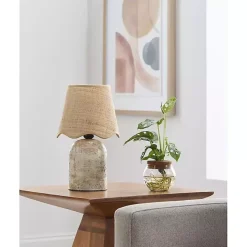 Neutral Faux Stone Table Lamp with Scalloped Shade