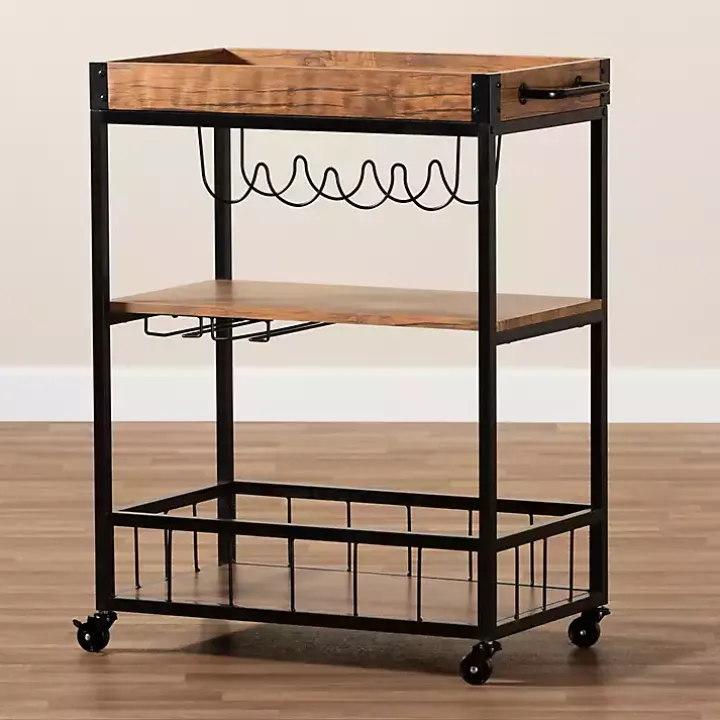 Oak and Black Metal Bar Cart with Bottle Rack