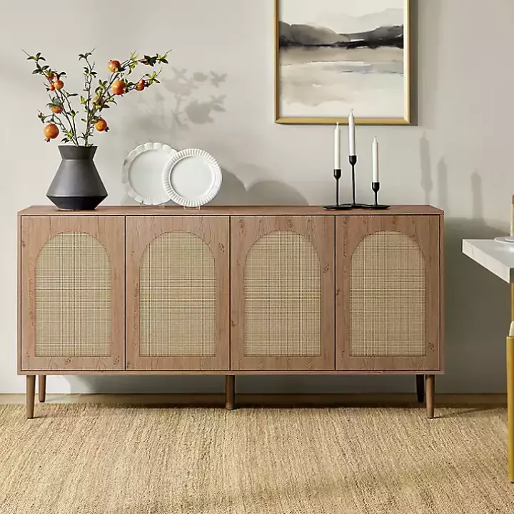 Oak and Natural Rattan 4-Door Sideboard
