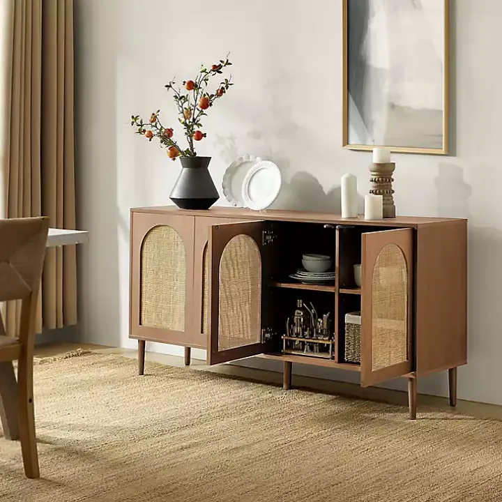 Oak and Natural Rattan 4-Door Sideboard