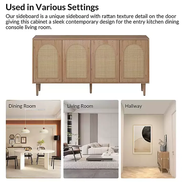 Oak and Natural Rattan 4-Door Sideboard
