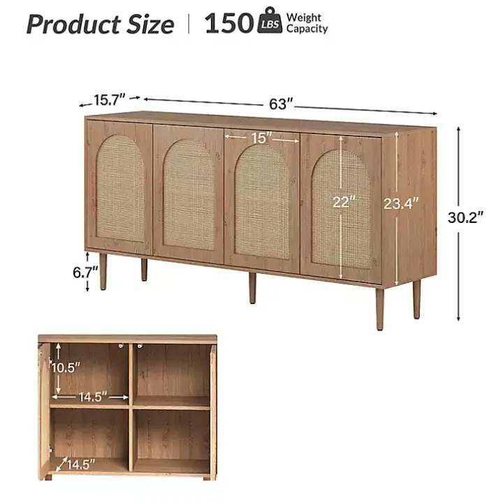 Oak and Natural Rattan 4-Door Sideboard