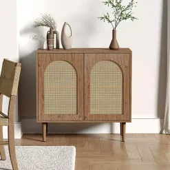 Oak Wood and Arched Rattan 2-Door Cabinet