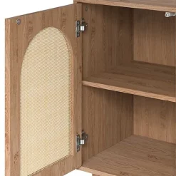 Oak Wood and Arched Rattan 2-Door Cabinet