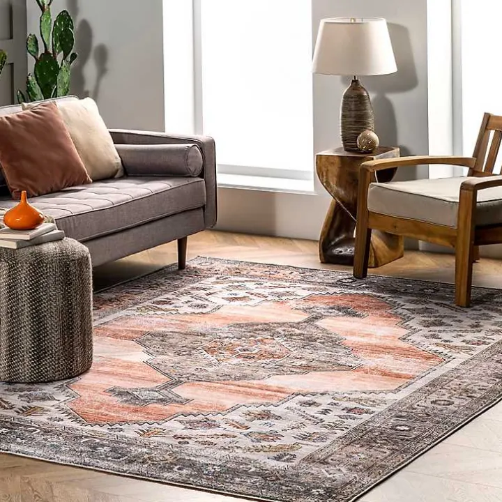 Orange Distressed Medallion Washable Runner