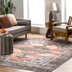 Orange Distressed Medallion Washable Area Rug, 4x6