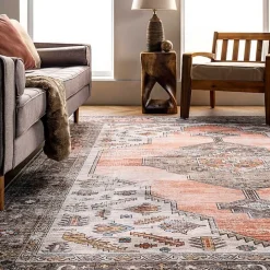 Orange Distressed Medallion Washable Area Rug, 4x6