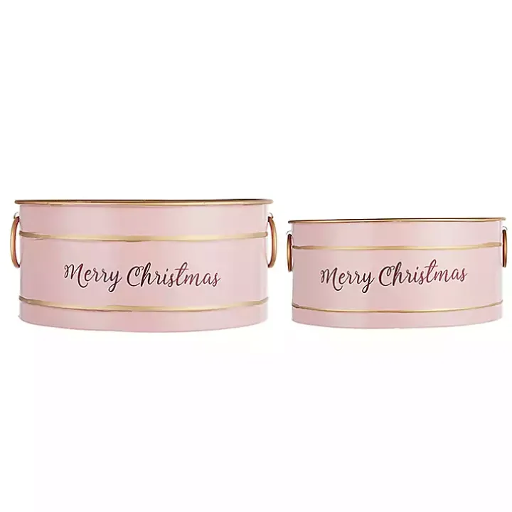 Oval Pink Iron Merry Christmas Baskets, Set of 2