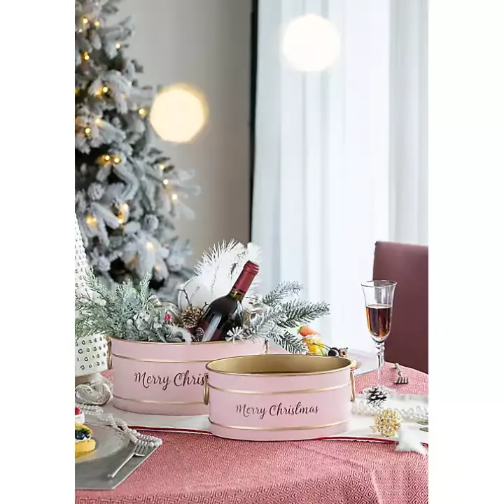 Oval Pink Iron Merry Christmas Baskets, Set of 2