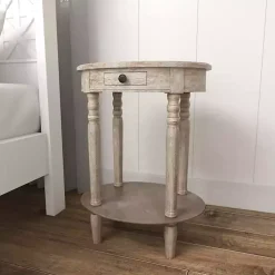 Oval Whitewashed Pine Wood Side Table