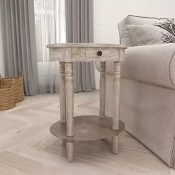 Oval Whitewashed Pine Wood Side Table