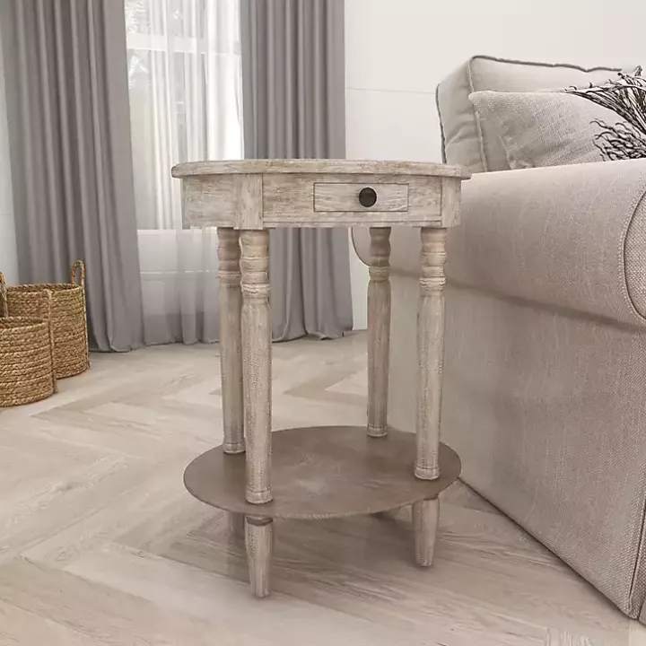 Oval Whitewashed Pine Wood Side Table