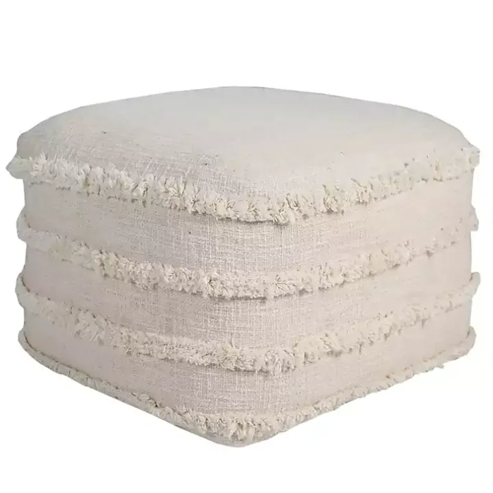 Pale Beige Tufted Stripe Cotton Square Pouf