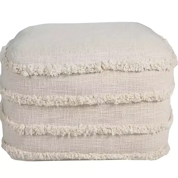 Pale Beige Tufted Stripe Cotton Square Pouf