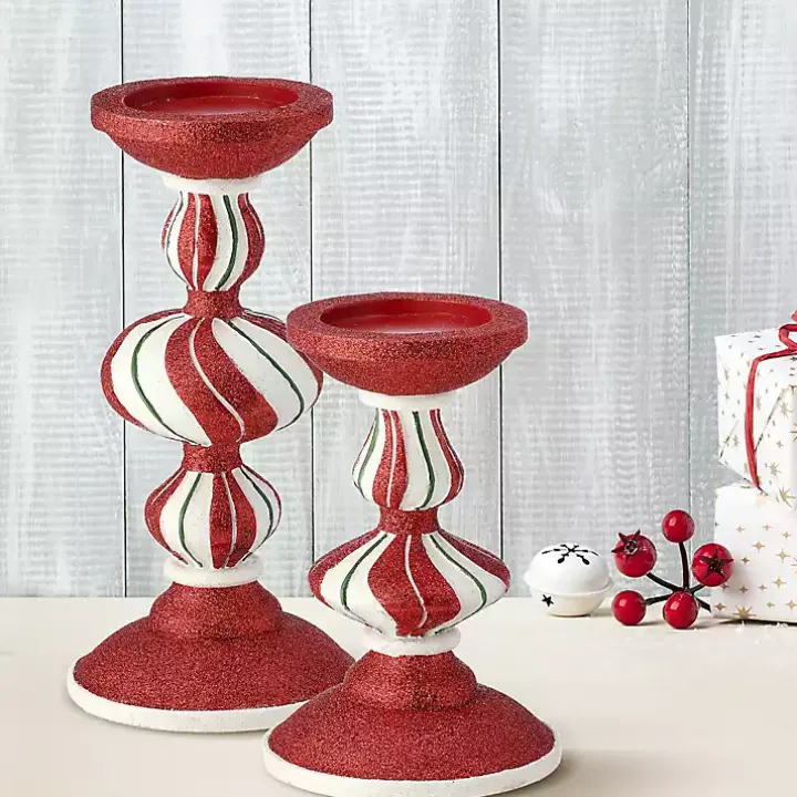 Peppermint Stripe Candle Holders, Set of 2
