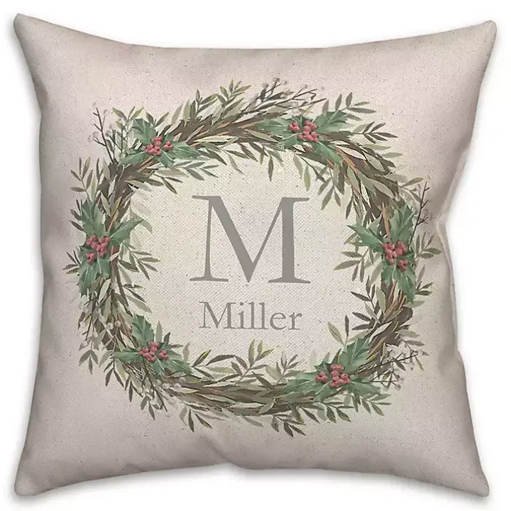 Personalized Christmas Wreath Throw Pillow