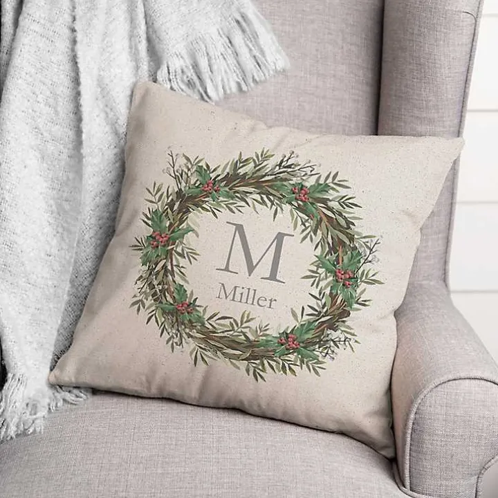 Personalized Christmas Wreath Throw Pillow