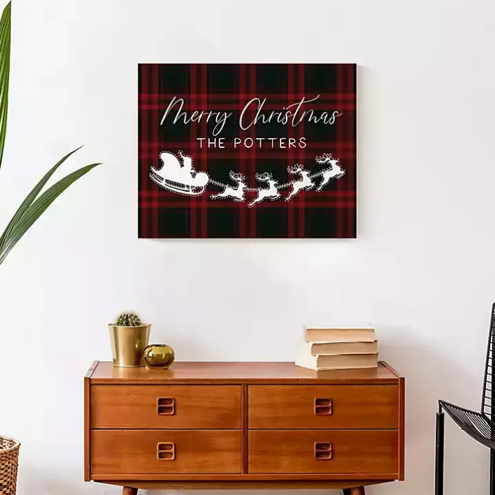 Personalized Plaid Santa Sleigh Canvas Wall Plaque