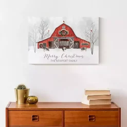 Personalized Red Holiday Barn Canvas Art Print