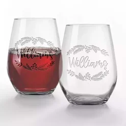 Personalized Wreath Etched Wine Glasses, Set of 2